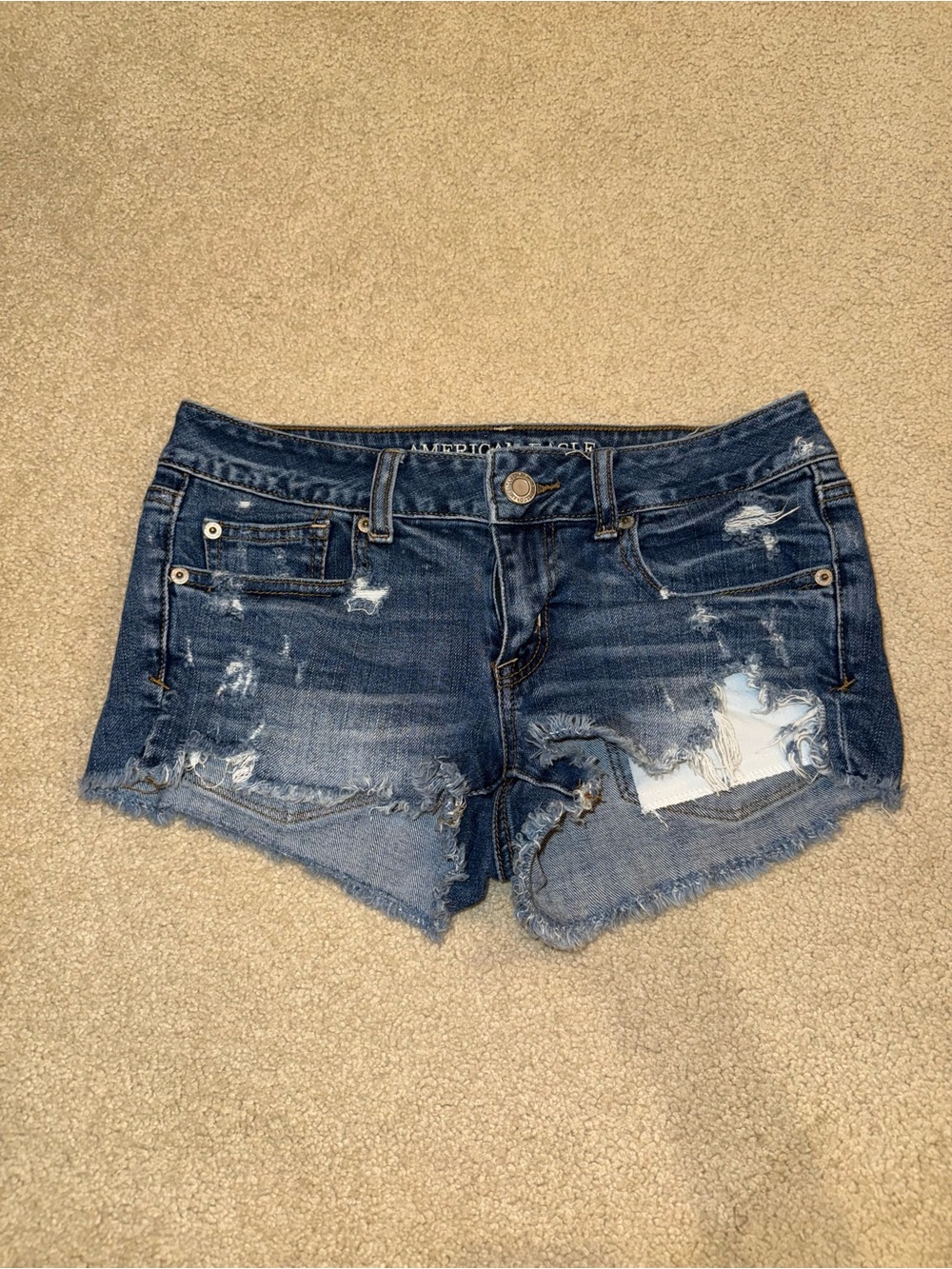 AMERICAN EAGLE BLUE JEAN DENIM STRETCH CUT OFF DISTRESSED SHORTIE SHORTS EUC 4